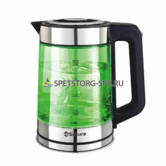 Чайник электр. 2,0л 1800Вт двухслойный корпус (стекло внутри, полупрозрачный цветной пластик снаружи), диск, цв. зеленый (1)    SA-2746GR