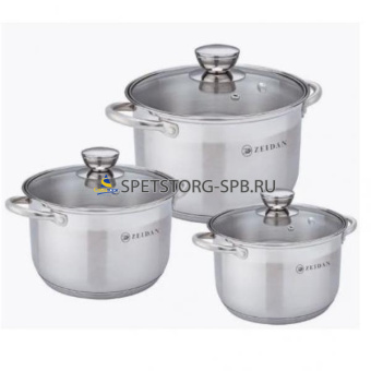 Набор посуды ZEIDAN 6 предметов (2,1л -d16см, 3,0л -d18см, 4,0л -d20см), крышки -стекло, внутри- матовая полировка     (1)    Z-50666