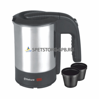 Чайник электр. 0,5л 1000Вт дорожный, нерж.сталь, бесшовная внутр.колба, полностью съемная крышка, с 2 стаканами    SA-2189