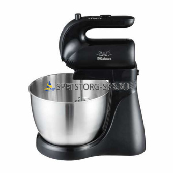 Миксер электр 250Вт, ручной с чашей из нерж.стали 2л,  7 скоростей работы,  пластик.корпус, насадки из нерж.стали (венчики, крюки)   (1) SA-6337CS