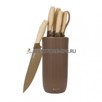 Набор ножей 7пр. на подставке, прорезиненные ручки "под дерево"   Z-3142